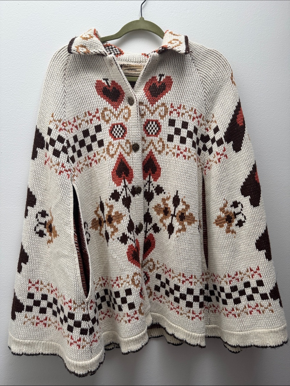 Vintage JCPenny Fashions Knit Sweater Cape Poncho 70s Retro Print Brown Fall